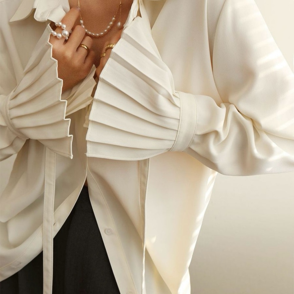 Commense Cream Button Down Shirt with Pleated Sleeves